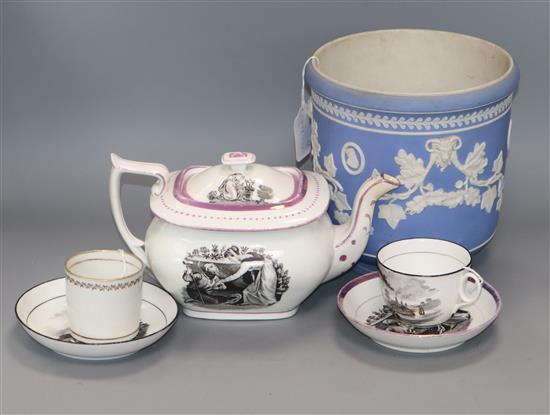 A 19th century blue jasper jardiniere, a bat printed teapot and cover, a cup and saucer and saucer and Newhall coffee can (6)